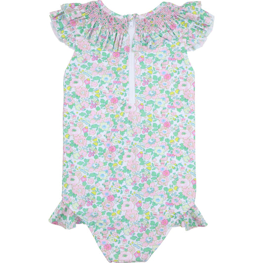 Pink And Green Liberty Puff Sleeve Smocked Swimsuit