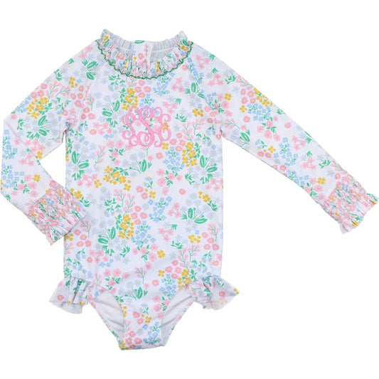 Pink And Green Smocked Floral Long Sleeve Swimsuit