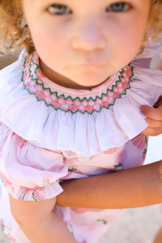 Pink And Green Smocked Strawberry Print Bubble