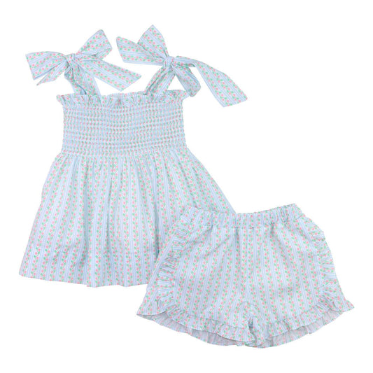 Pink And Green Vintage Floral Smocked Short Set