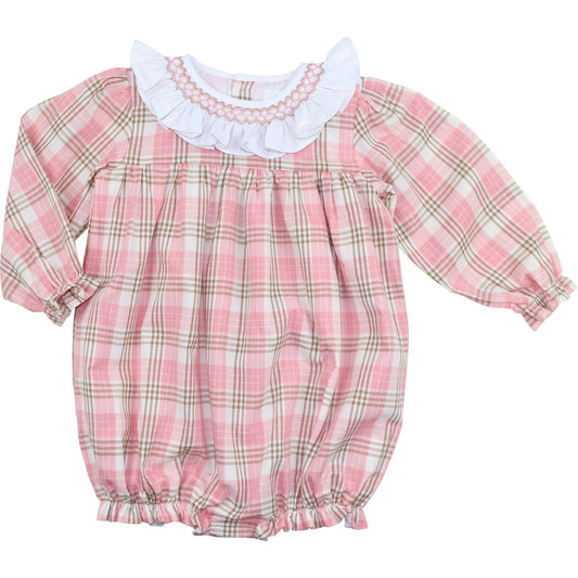 Pink And Khaki Plaid Smocked Bubble
