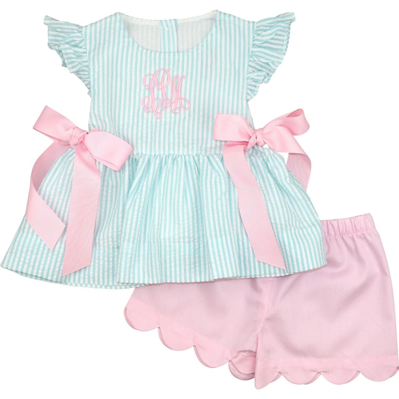 Pink And Mint Seersucker Short Set