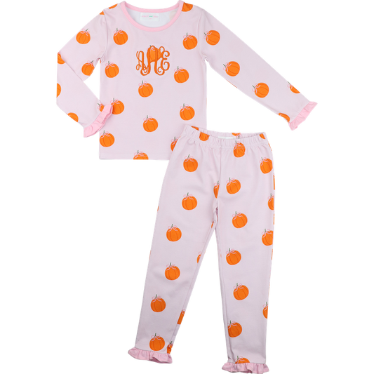 Girl pajama set with orange pumpkin pattern