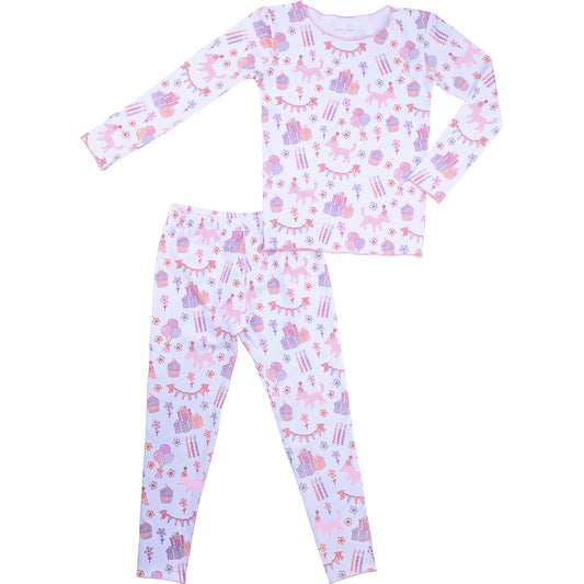 Children's pajama set with a pattern of birthday presents and balloons on a white background