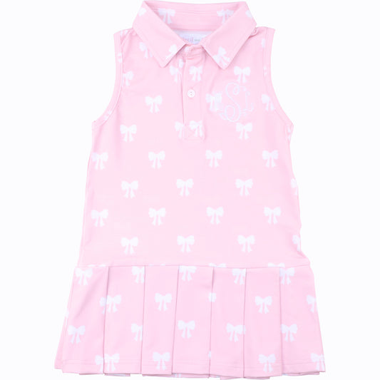 Pink And White Bow Print Lycra Tennis Dress