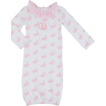 Pink And White Bunny Print Knit Baby Gown