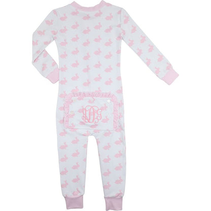 Pink And White Bunny Print Knit Zipper Pajamas