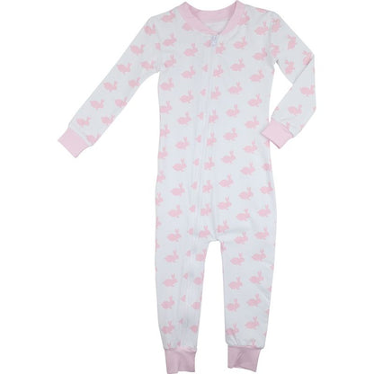 Pink And White Bunny Print Knit Zipper Pajamas