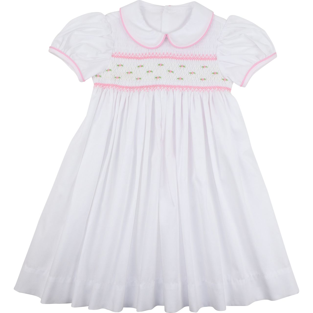 Pink And White Pique Smocked Rosebud Dress