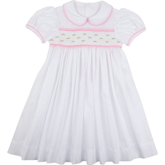 Pink And White Pique Smocked Rosebud Dress