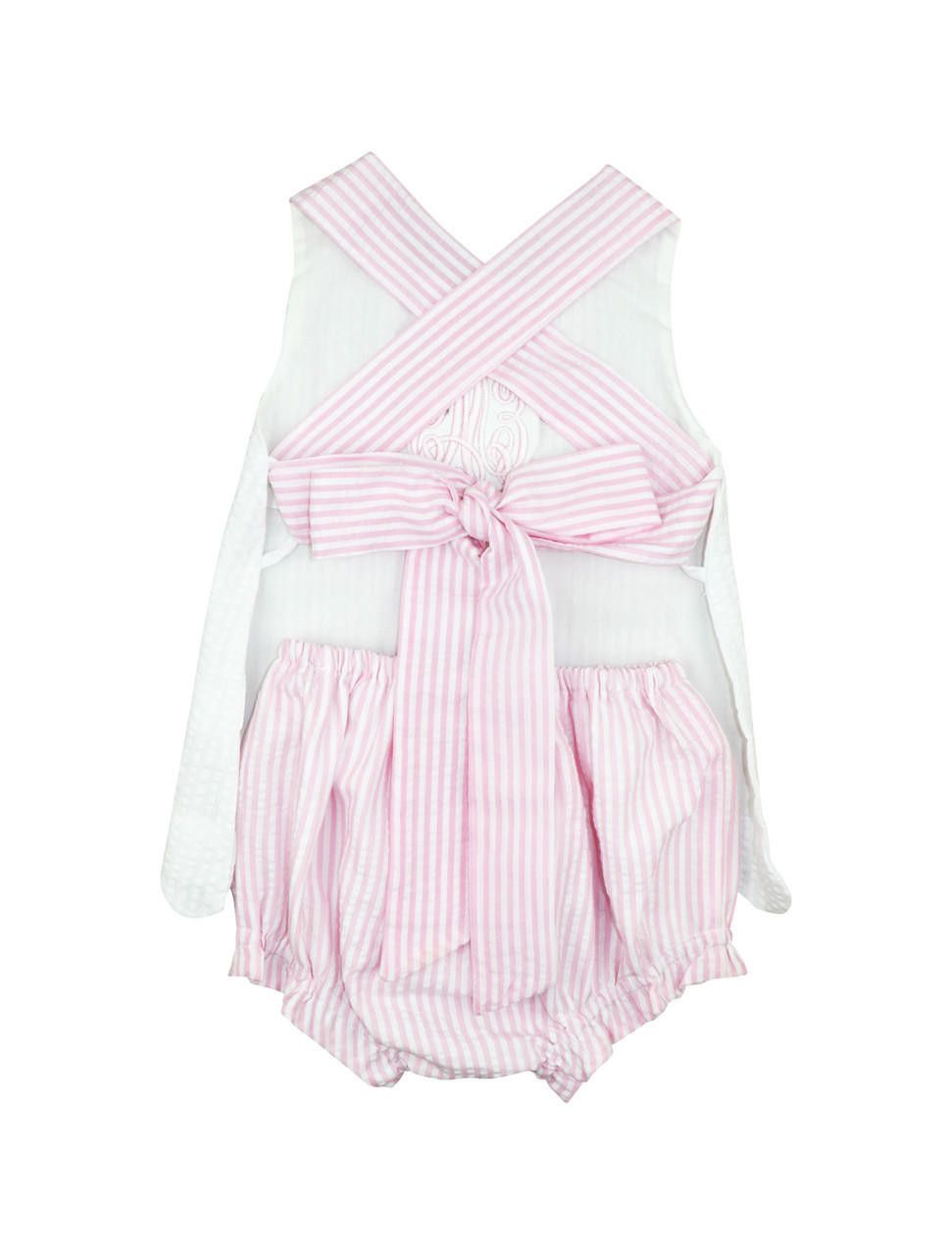 Pink And White Seersucker Scalloped Diaper Set