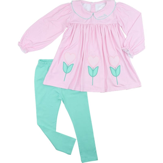 Pink Applique Flower Heart Legging Set