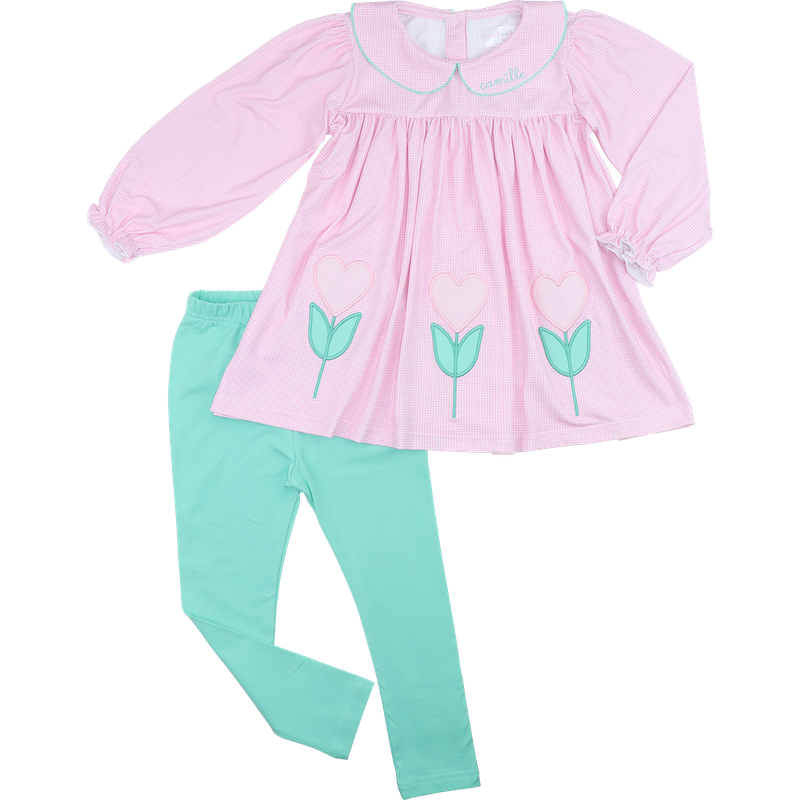 Pink Applique Flower Heart Legging Set