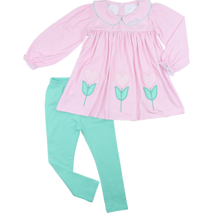 Pink Applique Flower Heart Legging Set