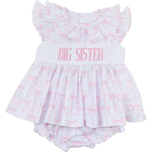 Pink Bow Smocked Big Sister Diaper Set