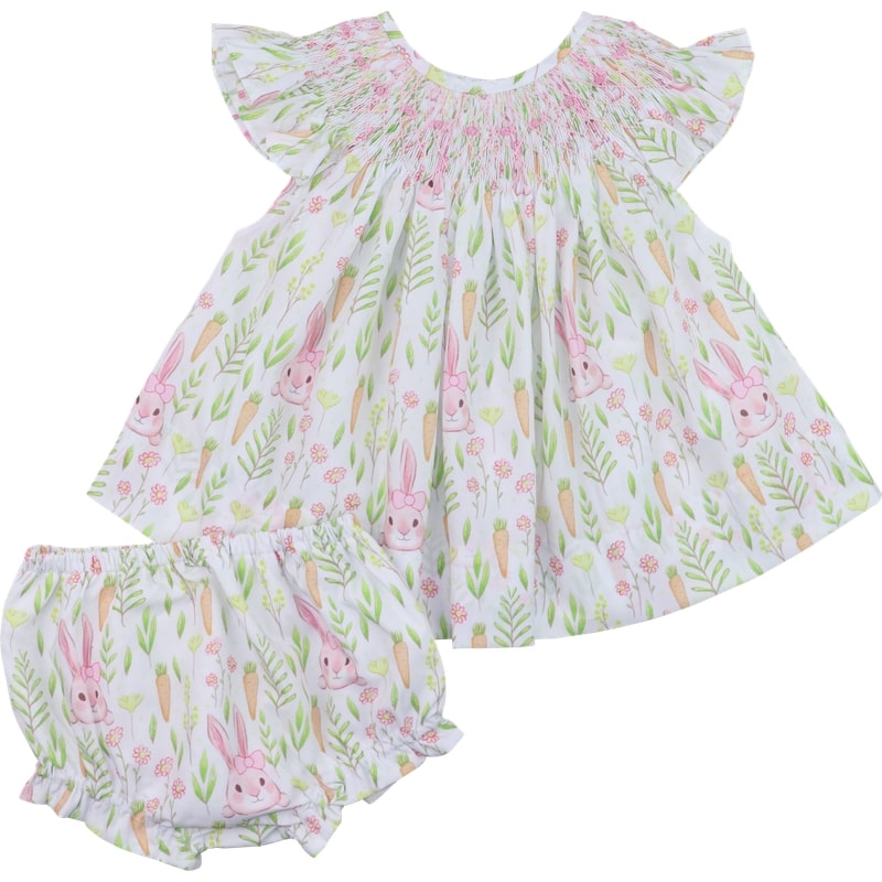 Pink Bunny And Carrot Smocked Diaper Set