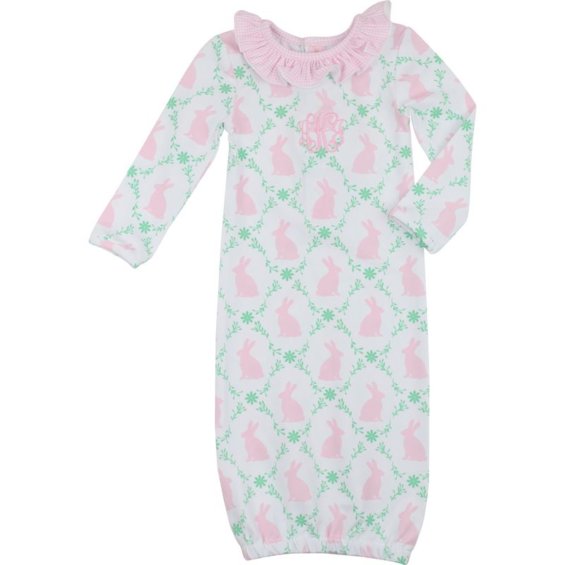 Pink Bunny And Ivy Print Knit Baby Gown