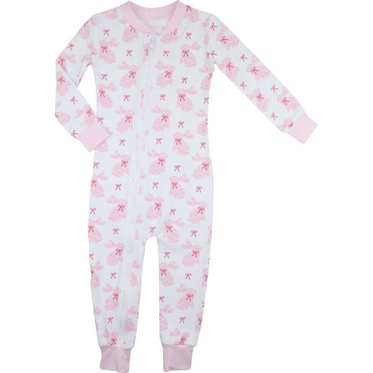 Pink Bunny Print Knit Zipper Pajamas