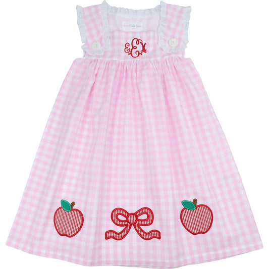 Pink Check Applique Apple And Bow Dress