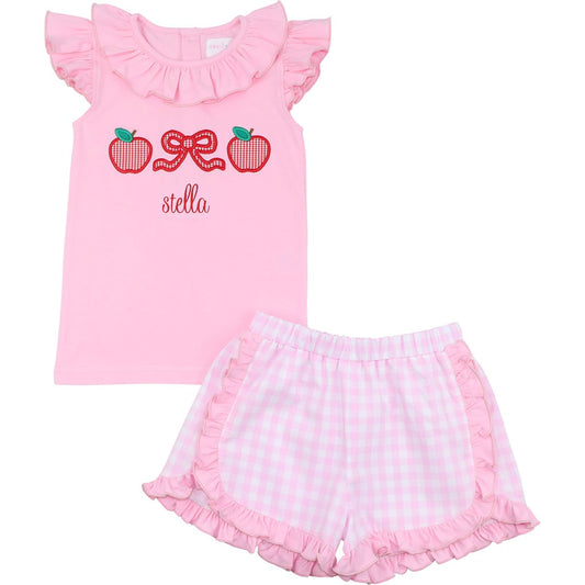 Pink Check Applique Apple And Bow Short Set