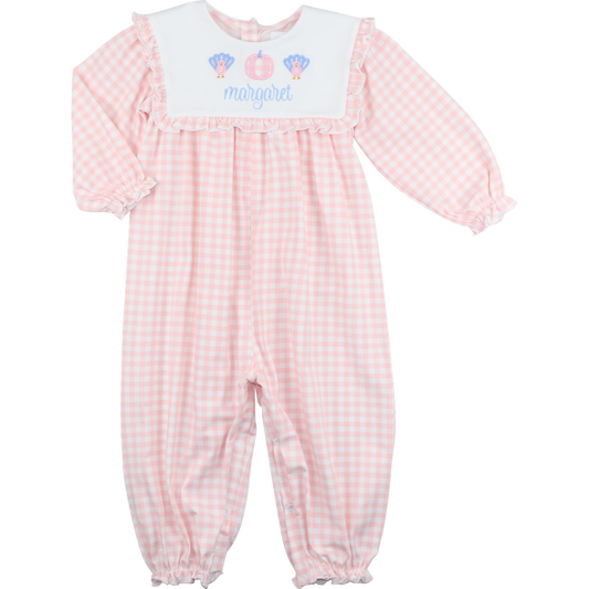 Pink Check Knit Applique Turkey And Pumpkin Long Bubble