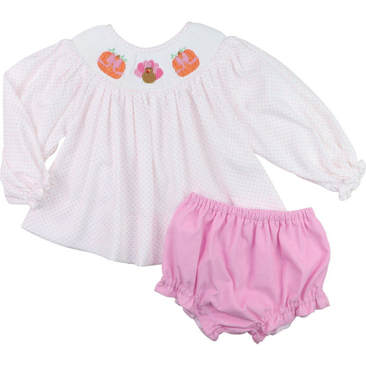 Pink Dot Corduroy Smocked Turkey And Pumkin Diaper Set