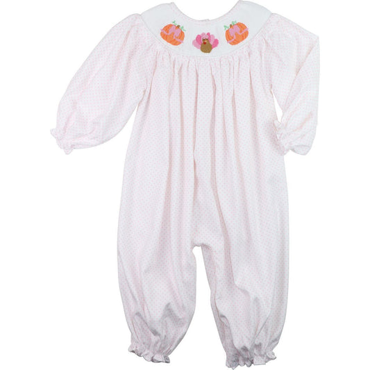 Pink Dot Corduroy Smocked Turkey And Pumpkin Long Bubble1