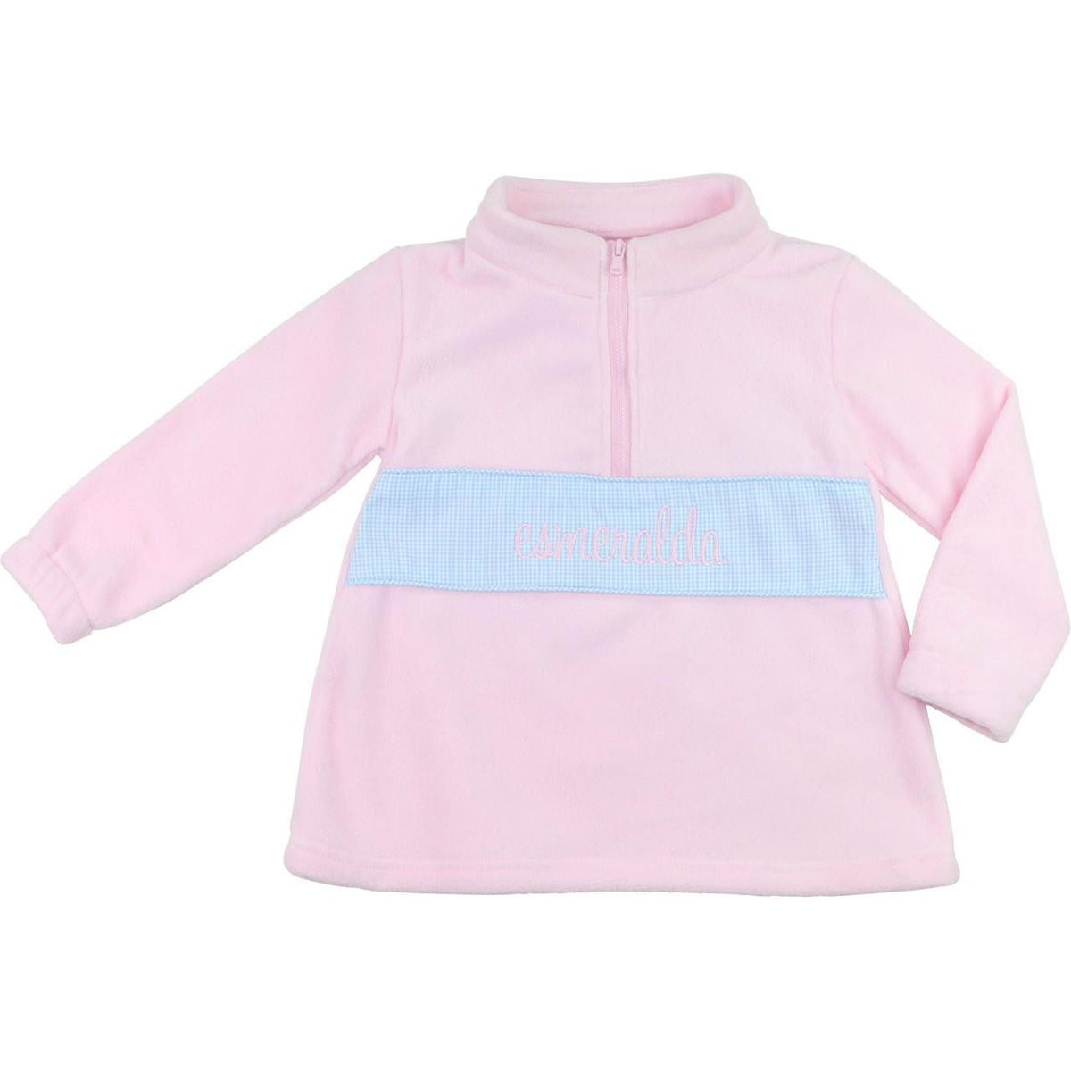 Cecil & Lou girls' Pink Fleece Pullover with half-zip front and blue gingham panel