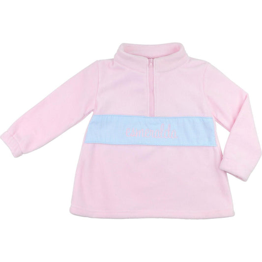 Cecil & Lou girls' Pink Fleece Pullover with half-zip front and blue gingham panel