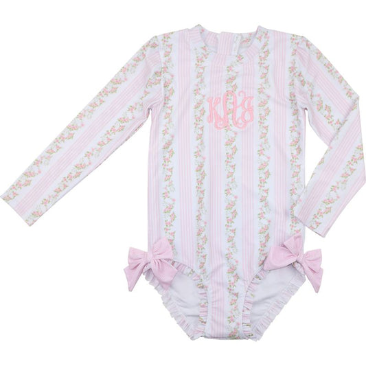 Pink Floral Bow Long Sleeve Swimsuit