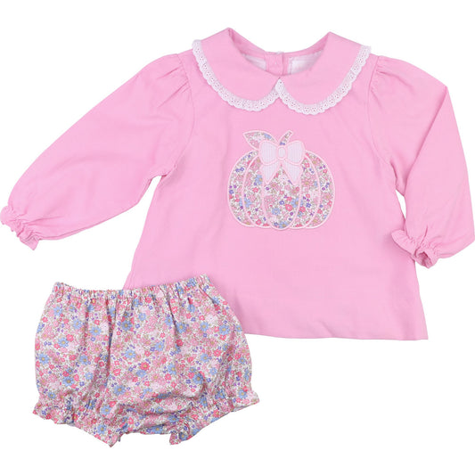 Pink Floral Corduroy Applique Pumpkin Diaper Set