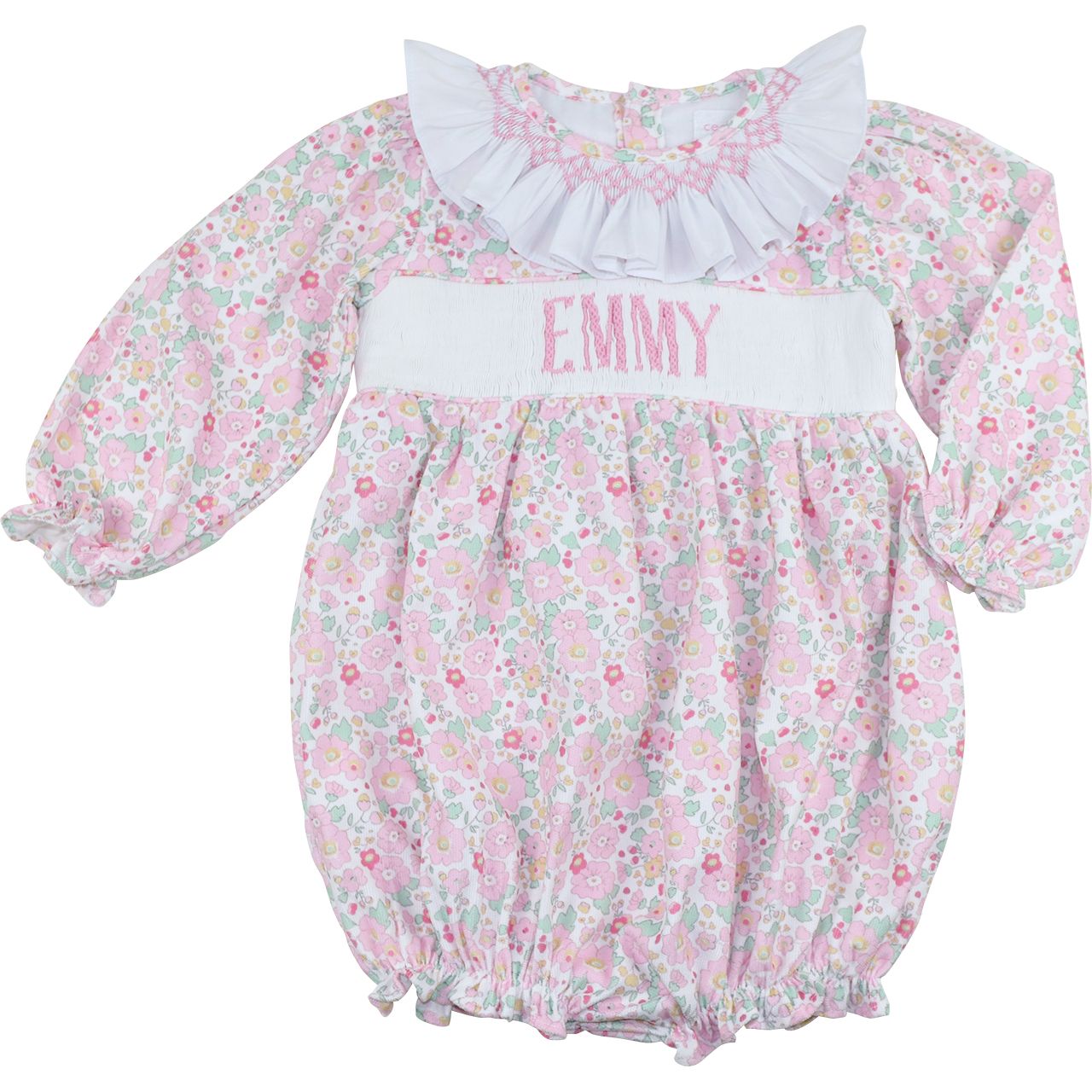 Pink Floral Corduroy Custom Smocked Bubble