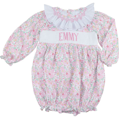 Pink Floral Corduroy Custom Smocked Bubble