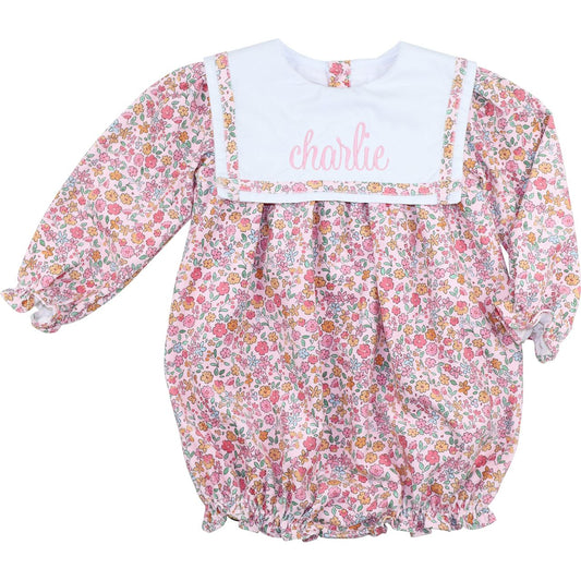 Pink Floral Corduroy Square Collar Bubble