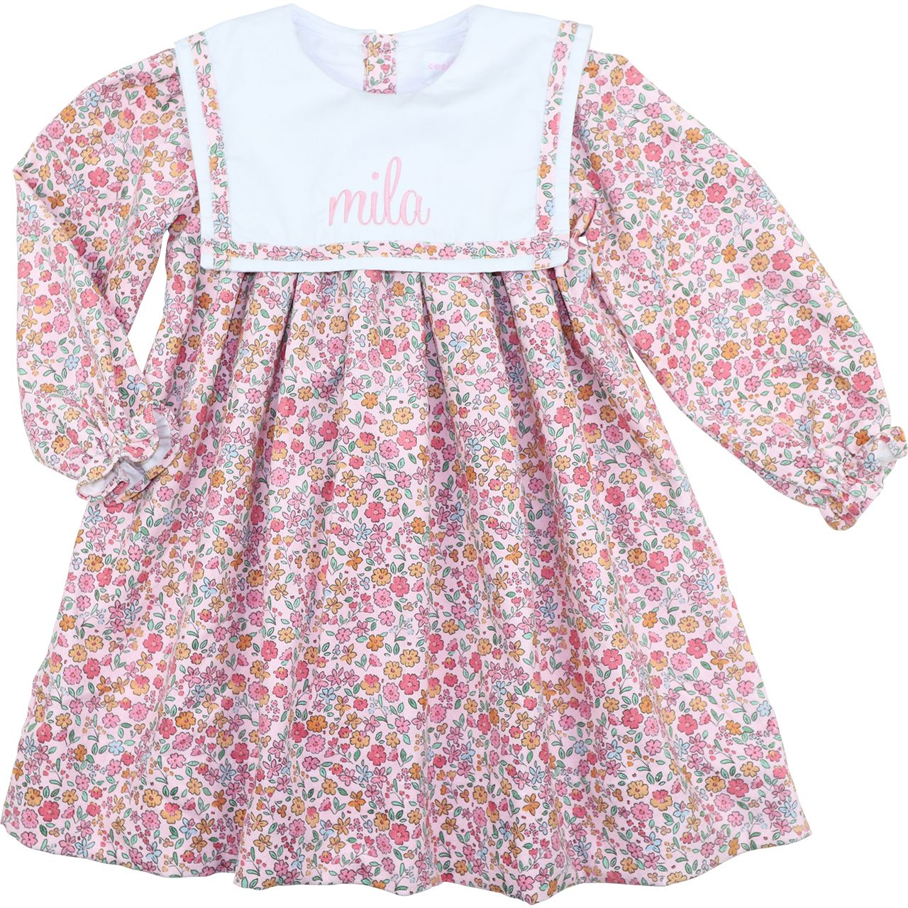 Pink Floral Corduroy Square Collar Dress