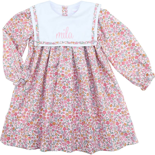 Pink Floral Corduroy Square Collar Dress
