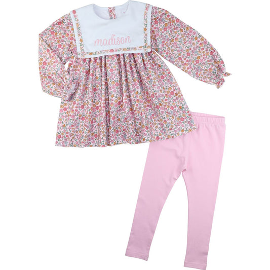 Pink Floral Corduroy Square Collar Legging Set