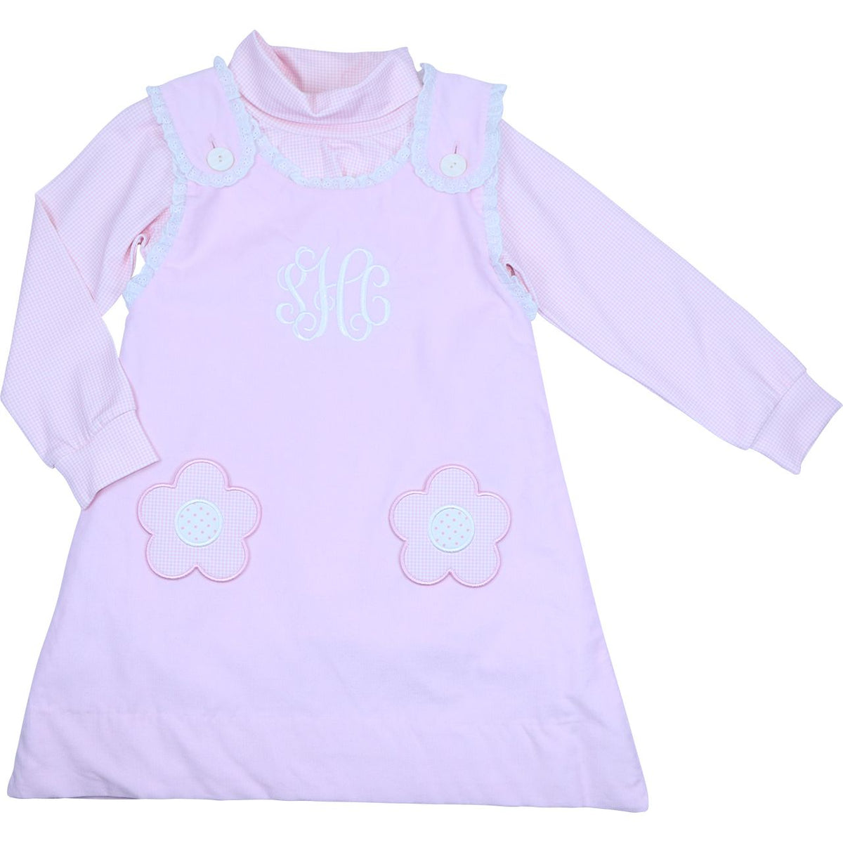 Pink jumper dress with gingham flower appliqués and pink gingham turtleneck
