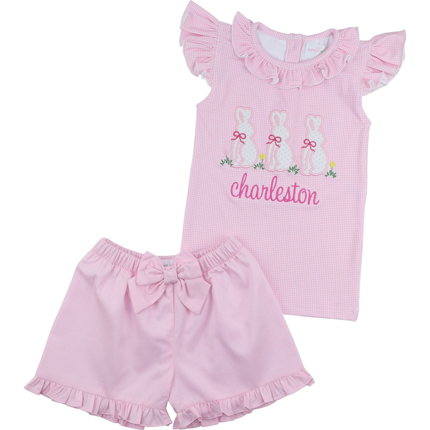 Pink Gingham Applique Bunnies Short Set