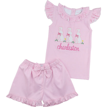 Pink Gingham Applique Bunnies Short Set