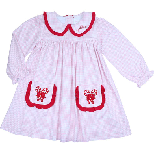 Pink Gingham Applique Candy Cane Knit Dress