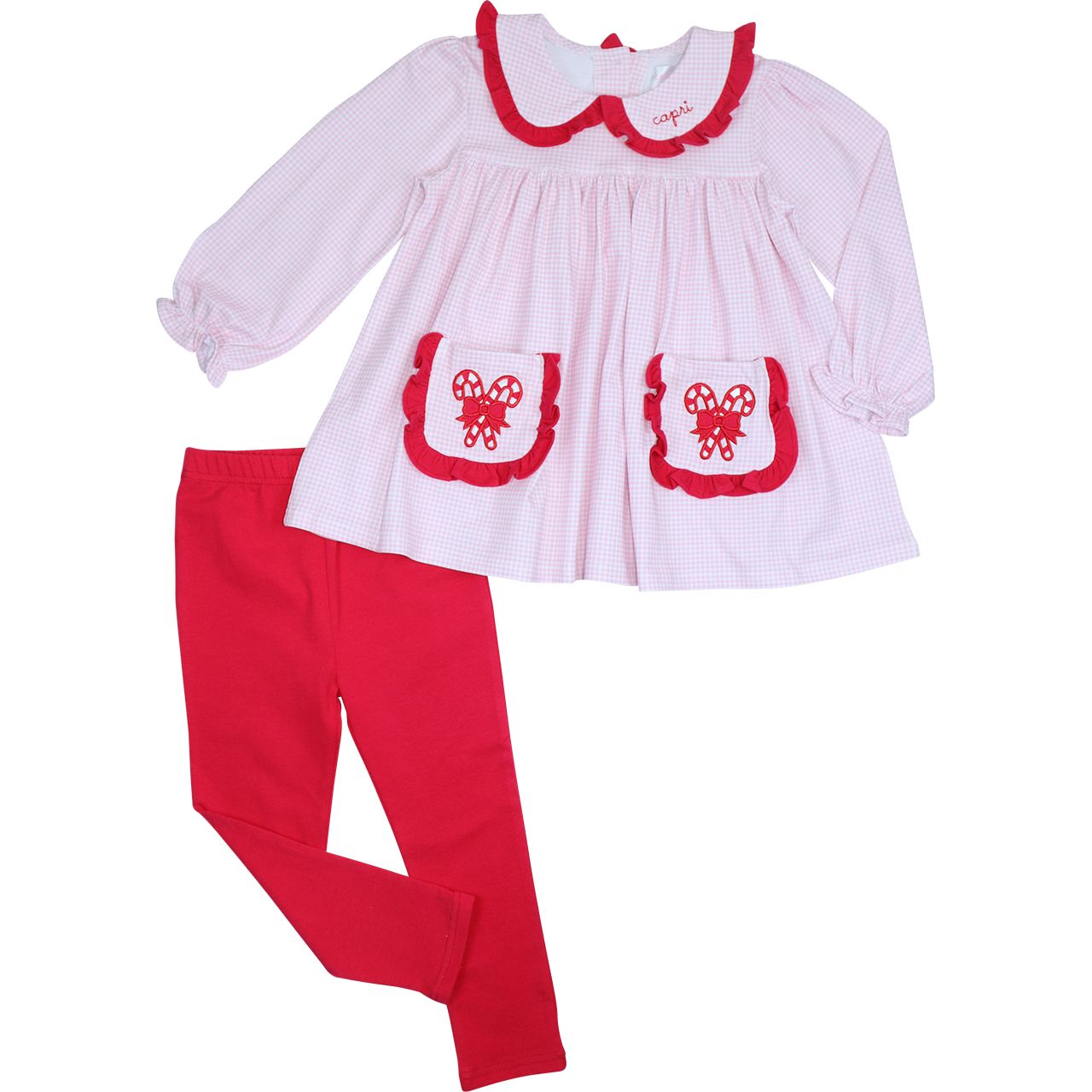 Pink Gingham Applique Candy Cane Knit Legging Set