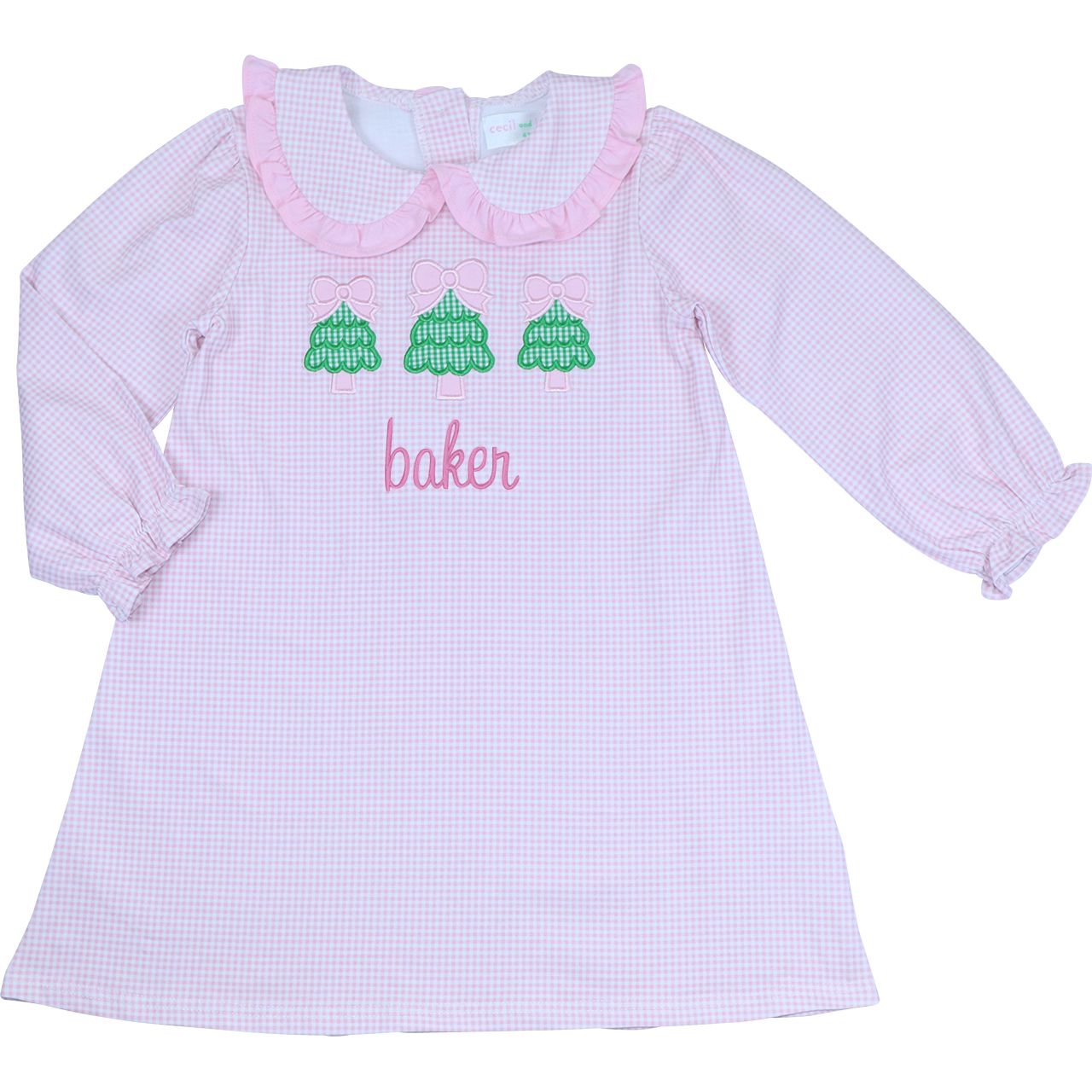 Pink Gingham Knit Applique Christmas Tree Dress
