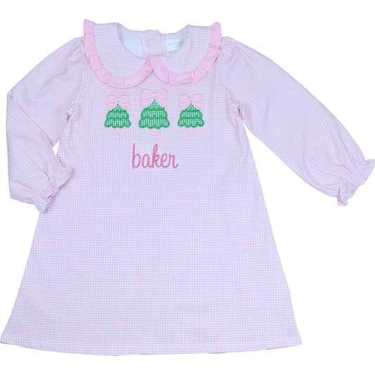 Pink Gingham Knit Applique Christmas Tree Dress