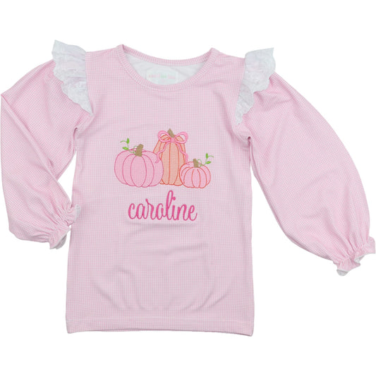 Pink Gingham Knit Embroidered Pumpkins Shirt