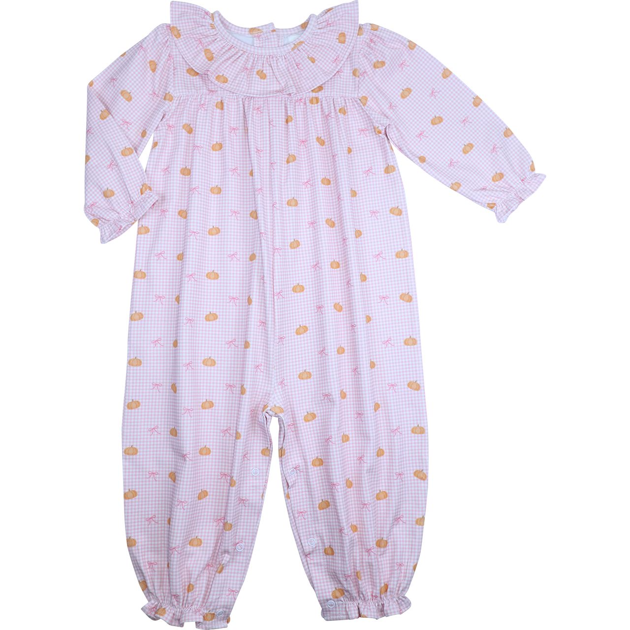 Pink Gingham Pumpkin And Bow Print Knit Long Bubble
