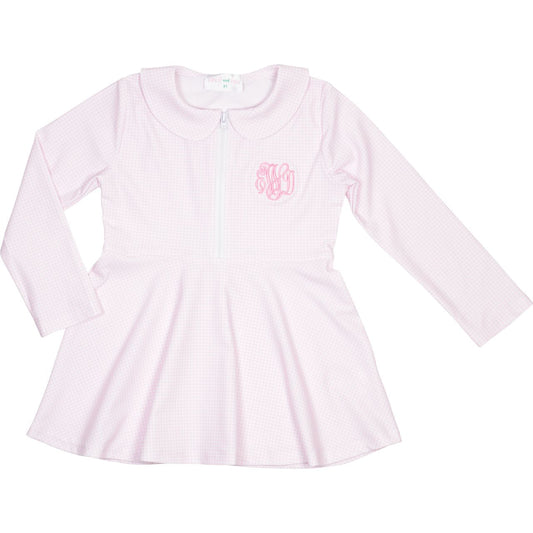 Pink Gingham Zipper Lycra Tennis Dress