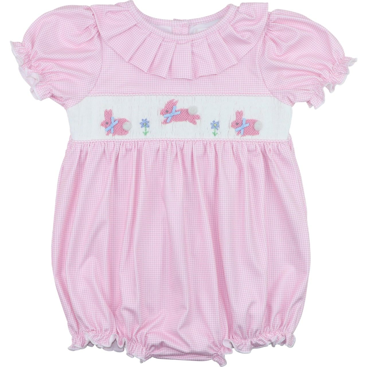 Pink Knit Gingham Smocked Bunnies Bubble