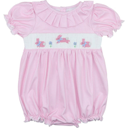 Pink Knit Gingham Smocked Bunnies Bubble