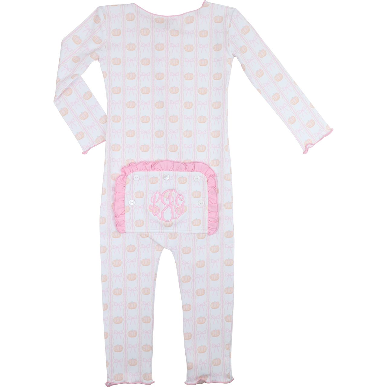 zipper pajama with pumpkin pattern and pink accents on a white background